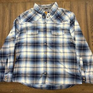 Jachs Girlfriend Blue Plaid Western Flannel Pearl Snap Shirt XL BEA